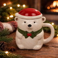 IJsbeer Mok - Kerstmuts Deksel - 380 ml - Keramiek - thumbnail