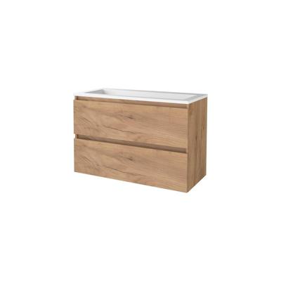 Basic-Line Start 46 Badkamermeubelset - 100 x 46 cm - Greeploos - 2 Lades - Acryl Wastafel - Zonder Kraangat - Whisky Oak