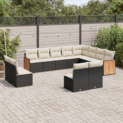 12-delige Loungeset met kussens poly rattan zwart