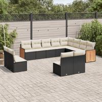 12-delige Loungeset met kussens poly rattan zwart - thumbnail