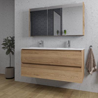 Adema Chaci Badkamermeubelset - 120x46x57cm - 2 ovale keramische wasbakken wit - 2 kraangaten - 2 lades - Spiegelkast - eiken SW1212781/SW1212818/SW812072/SW718719