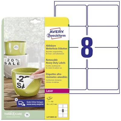 Avery-Zweckform Wetterfeste Folien-Etiketten, Laser L4715REV-20 ( 99.1 x 67.7 mm ),Wit, 160 stuk(s), Weer verwijderbaar Avery-Zweckform Wetterfeste Folien-Etiketten, Laser L4715REV-20 ( 99.1 x 67.7 mm ),Wit, 160 stuk(s), Weer verwijderbaar