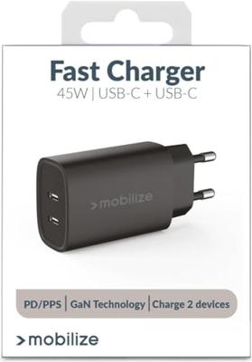Mobilize Wall Charger 2x USB-C GaN 45W with PD/PPS Black