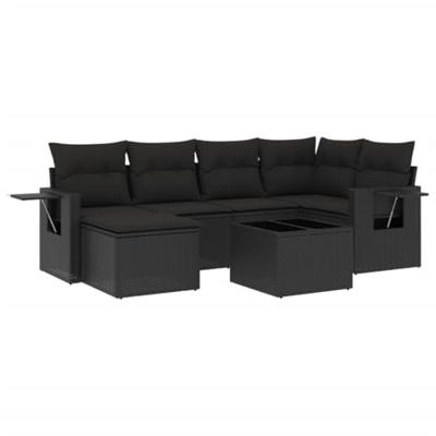 7-delige Loungeset met kussens poly rattan zwart