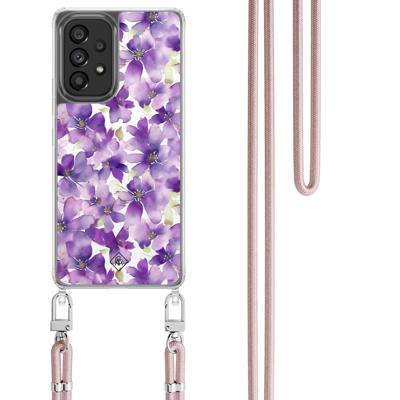 Samsung Galaxy A53 hoesje met rosegoud koord - Floral violet Samsung Galaxy A53 hoesje met rosegoud koord - Floral violet