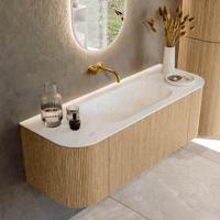 Mondiaz KURVE-DLUX 130 cm Onderkast Greeploos 1 Lade Met Deuren Oak, Wastafel Solid Surface Midden Opalo 0 Kraangaten Zonder Spiegel (KRVBGS130L+R1L2D0KM-Oak/Opa) - thumbnail
