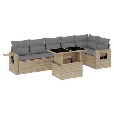 7-delige Loungeset met kussens poly rattan beige - thumbnail