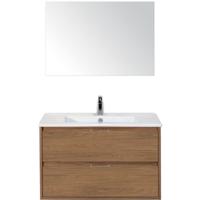 Porto Badmeubelset 90 cm - Honey - Keramische Wastafel Wit Slim met Spiegel - thumbnail