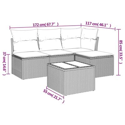 4-delige Loungeset met kussens poly rattan bruin