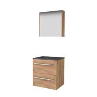Basic-Line Comfort 46 Badkamermeubelset - 60 x 46 cm - Met Grepen - 2 Lades - Hardstenen Wastafel - 1 Kraangat - Spiegelkast - Whisky Oak - thumbnail