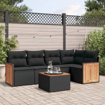 5-delige Loungeset met kussens poly rattan zwart
