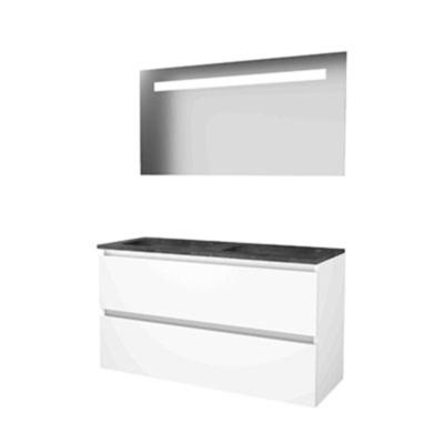 Basic-Line Economic 46 Badkamermeubelset - 120 x 46 cm - Greeploos - 2 Lades - Hardstenen Wastafel - 2 Kraangaten - Spiegel met LED Verlichting - Ice White