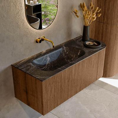 Mondiaz KURVE-DLUX 115 cm Onderkast Greeploos 1 Lade Met Deuren Walnut, Wastafel Solid Surface Links Lava 0 Kraangaten Zonder Spiegel (KRVBGS115R1L1D0KL-Wal/Lav)