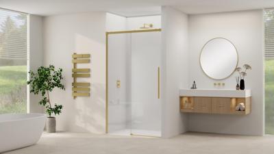 Schuifdeur Van Rijn Products ST09 Aan Vast Deel 180x200 cm 8 mm Helder Glas Softclose Incl. Beslag en Greep Geborsteld Messing Schuifdeur Van Rijn Products ST09 Aan Vast Deel 180x200 cm 8 mm Helder Glas Softclose Incl. Beslag en Greep Geborsteld Messing