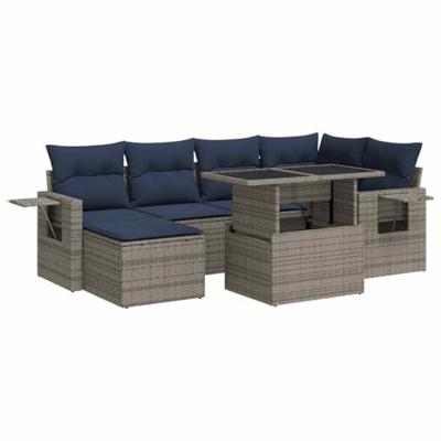 7-delige Loungeset met kussens poly rattan acacia grijs