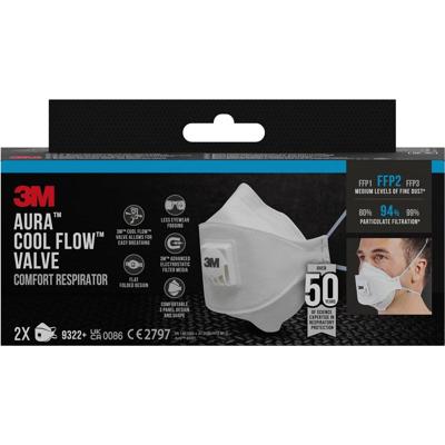 3M Aura Comfort Cool Flow stofmasker, FFP2, met ventiel, pak van 2 stuks 3M Aura Comfort Cool Flow stofmasker, FFP2, met ventiel, pak van 2 stuks