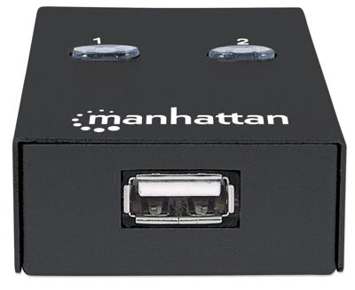 Manhattan USB-A automatische sharing switch, 2× USB-B, 480 Mbps (USB 2.0), dubbele bediening (auto-sensing of handmatig), USB-gevoed (geen externe voeding vereist), incl. 1× 1,5 m USB-A naar USB-B kabel