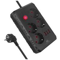 Maclean stekkerdoos, 4-polige verlengkabel + 3xUSB, 110-240V AC 50/60Hz, 2,1A max 2500W, 3m, zwart, MCE393 B - thumbnail