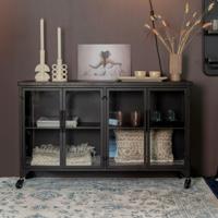 ZILT Industrieel Dressoir 'Bony' Op wieltjes, Metaaal en glas, 120cm, kleur zwart - thumbnail