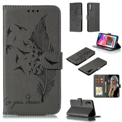 Feather patroon Litchi textuur horizontale Flip lederen draagtas met portemonnee & houder & kaartsleuven voor Galaxy A70 (grijs) Feather patroon Litchi textuur horizontale Flip lederen draagtas met portemonnee & houder & kaartsleuven voor Galaxy A70 (grijs)