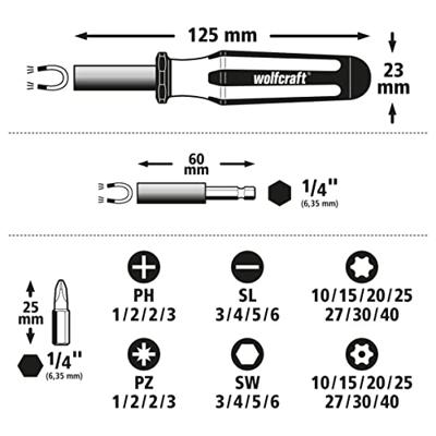 Wolfcraft Bit-box | Sleuf, Kruiskop PH/PZ, TORX® met boring, Inbus | 32-delig - 1388000