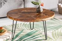 Ronde massief houten salontafel MOSAIK 70cm natuurlijk teakhout haarspeldpoten zwart metaal handgemaakt - 39540 - thumbnail