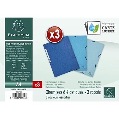 Exacompta elastomap uit karton, ft A4, 3 kleppen, set van 3 stuks in 3 tinten blauw (Oceaan)