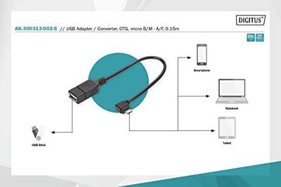 Digitus USB 2.0 Adapter [1x Micro-USB 2.0 B stekker - 1x USB 2.0 bus A] AK-300313-002-S 15.00 cm Rond, Afgeschermd (dubbel), Met OTG-functie