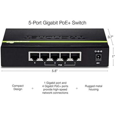 TRENDnet TPE-TG50G 5-poorts Gigabit PoE+ Switch, 31 watt PoE totaal vermogen, 10 Gbit/s schakelcapaciteit, plug & play, full & half duplex
