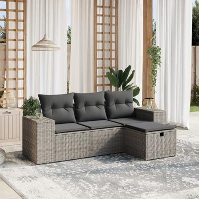 4-delige Loungeset met kussens poly rattan grijs - thumbnail