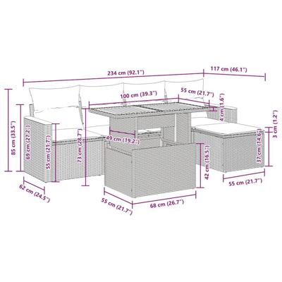 6-delige Loungeset met kussens poly rattan acacia zwart
