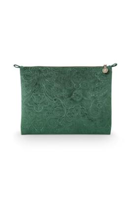 Pip Studio Pip Cosmetic Flat Pouch Large Velvet Quilted Green 30x22x1cm - thumbnail