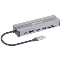 MANHATTAN 7-in-1 dockingstation USB C mannelijk naar HDMI vrouwelijk 4K30Hz 2X USB-A 5Gbps Gigabit RJ45 USB-C PD 87W kaartlezer - thumbnail
