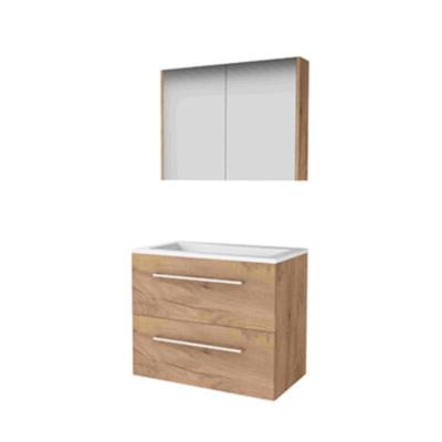 Basic-Line Comfort 46 Badkamermeubelset - 80 x 46 cm - Met Grepen - 2 Lades - Acryl Wastafel - Zonder Kraangat - Spiegelkast - Whisky Oak