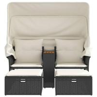 Tuinbank 2-zits met luifel en voetenbanken poly rattan zwart - thumbnail