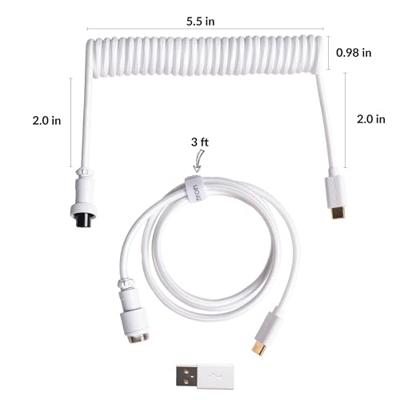 Keychron Aangepaste opgerolde Aviatorkabel, wit, 5-pins (GX12) afneembare metalen connector, USB-C naar USB-C met USB-A-adapter, duurzame gevlochten kabel voor mechanische toetsenborden, opladen en
