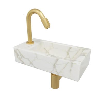 Wiesbaden Mini-Rhea Links fonteinset 36x18x9cm Carrara marmerlook wit incl. victoria luxe fonteinkraan geborsteld messing 32.5496 - 22.5730 - 32.3537 - SW696218 - 33.4459