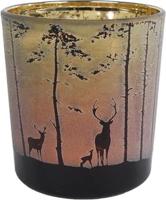 Theelichthouder Forest met Afbeelding Hert in Bos Groen/Rood Glas 7,5x7,5x8cm - thumbnail