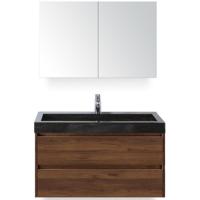 Dante Badmeubelset 100 cm - Walnoot - Wastafel Hardsteen Wit Lucca met Spiegelkast - thumbnail