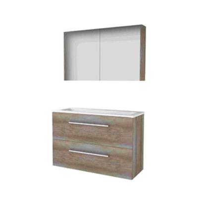Basic-Line Comfort 39 Badkamermeubelset - Ondiep - 100 x 39 cm - Met Grepen - 2 Lades - Acryl Wastafel - Zonder Kraangat - Spiegelkast - Scotch Oak