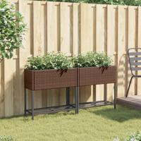 VidaXL Plantenbakken met schap 2 st 70x28x70 poly rattan bruin - thumbnail