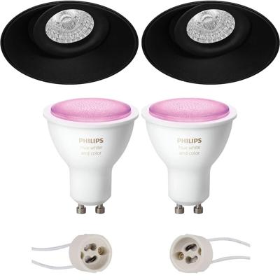 GU10 Inbouwspot Set - Mat Zwart - Inbouw Rond - Trimless - Kantelbaar - Philips Hue - White and Color Ambiance - Bluetooth - Pragmi Nivas Pro - Ø150mm