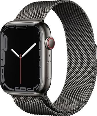 Apple Watch Series 7 (GPS + Cellular, 45mm) smartwatch - kast van grafietkleurig roestvrij staal - Grafietkleurig Milanees bandje. Conditie bijhouden, Saturatie-app en Ecg-app, waterbestendig