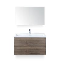 Vogue Badmeubelset 100 cm - Greeplijst in kleur - Tabacco - Keramische Wastafel Wit 1 kraangat - met Spiegelkast - thumbnail