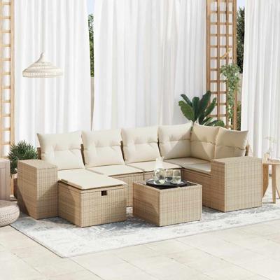 6-delige Loungeset met kussens poly rattan beige