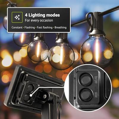 Solar Lichtsnoer 5m - G40 Filament lampen - 2700K Warm wit - IP44 Waterdicht - 4 Lichtmodi - 300 Lumen - Lichtslinger buiten Solar Lichtsnoer 5m - G40 Filament lampen - 2700K Warm wit - IP44 Waterdicht - 4 Lichtmodi - 300 Lumen - Lichtslinger buiten