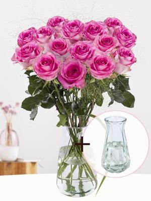 Roze rozenboeket met panicum + glasvaas Evita - Revival