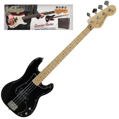 Vintage VIP-V40BLK Coaster Series Gloss Black Bass Pack elektrische basgitaar set met versterker