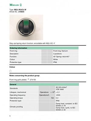 Eaton 216833-BK M22-WLK3-W Keuzetoets Kunststof frontring Knevel Zwart 1 stuk(s)