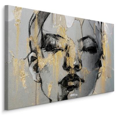 Schilderij - Vrouw omringt door Goud, zwart/grijs, Premium Print - 70x50cm